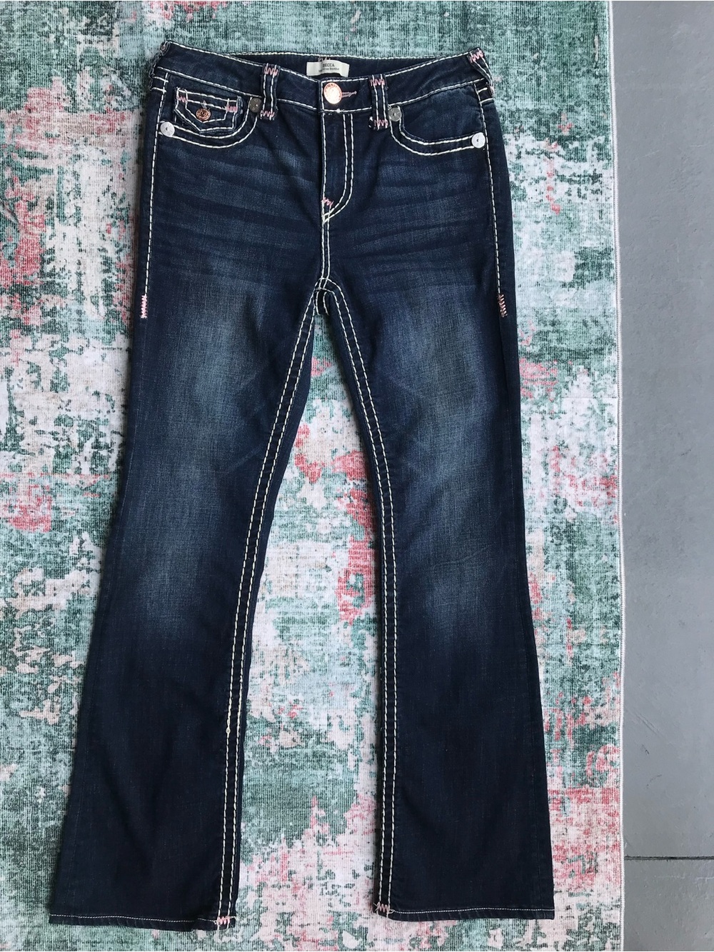 True Religion Women's Dark Blue Boot Cut Jeans with Pink Accent Stitching - Picture 4 of 11